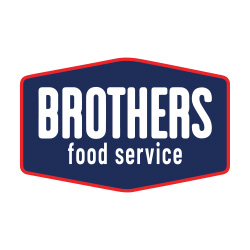 A blue and red logo for brothers food service.