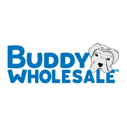 A white dog is sitting in front of the words buddy wholesale.