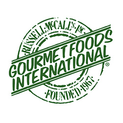 A green and white logo for gourmet foods international.