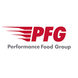 A red and white logo of performance food group.
