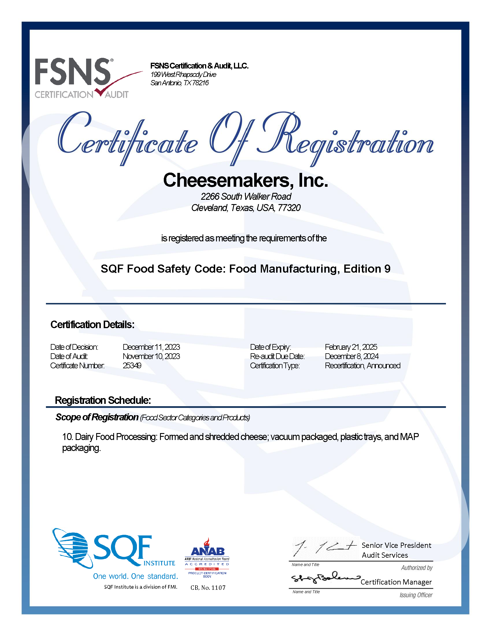 A certificate of registration for food safety.